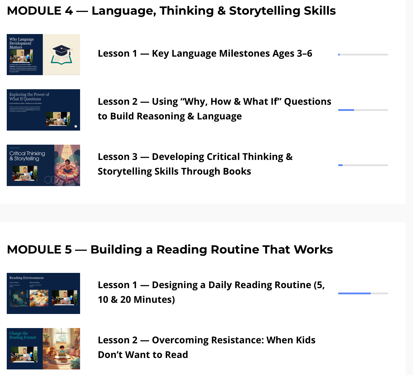 Educational module for parents with lessons to help kids learn language, thinking, and emotional skills.